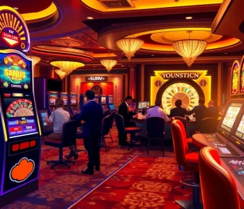 Experience the thrill of playing at a luxurious casino featuring 'slot gacor bonus besar' machines and vibrant poker chips.