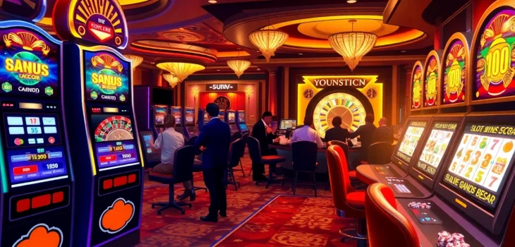 Experience the thrill of playing at a luxurious casino featuring 'slot gacor bonus besar' machines and vibrant poker chips.