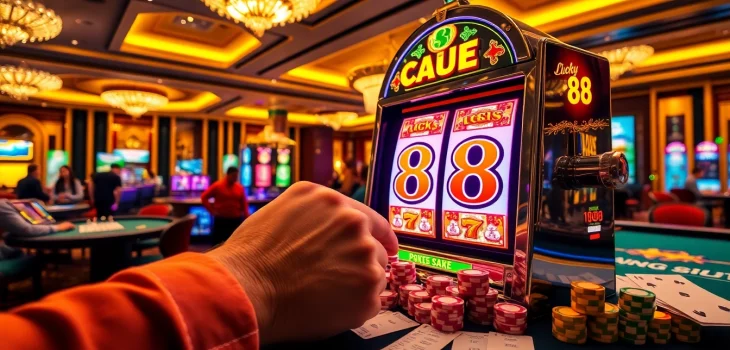 Experience the excitement of LUCKY88 slot machine gameplay in a luxurious casino setting.