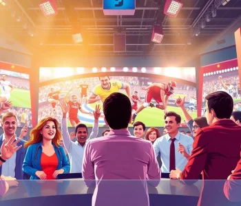 Sportscasters engaged in vibrant Sports Broadcasting in a high-energy studio environment.