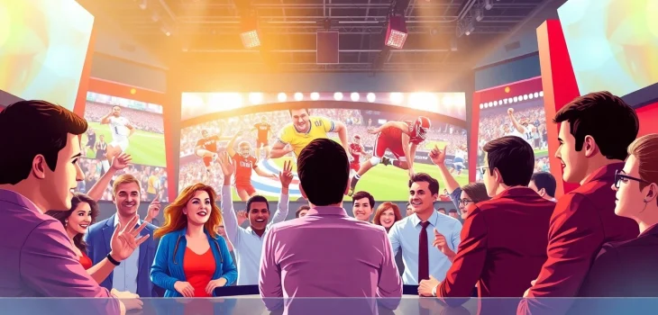 Sportscasters engaged in vibrant Sports Broadcasting in a high-energy studio environment.